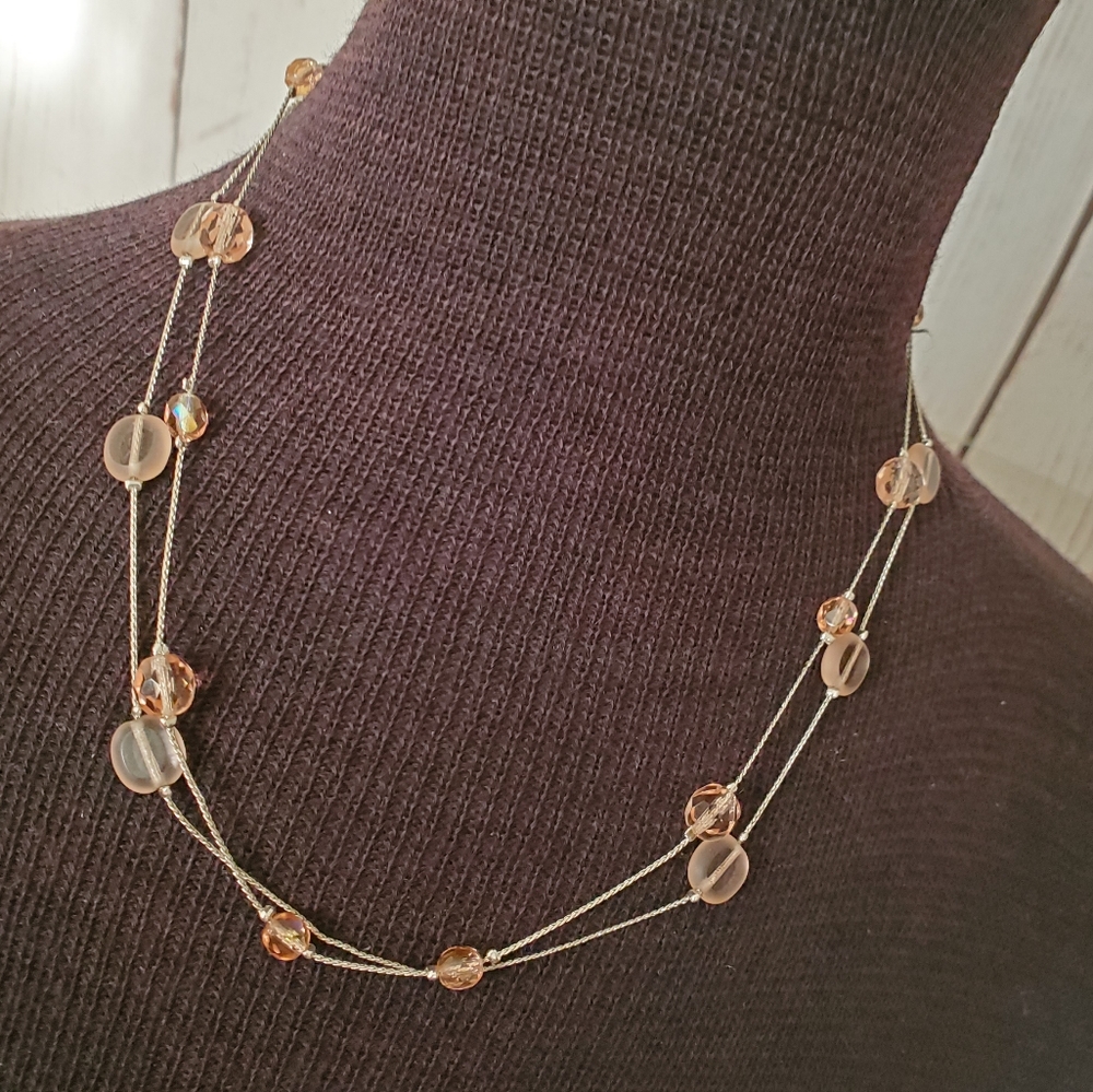 Silvertone double strand necklace peach beads